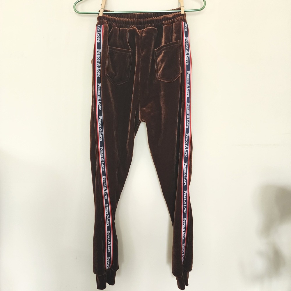 Peace & Love Brown Velour Fleece Lined Joggers Side Stripe Sweatpants L/XL